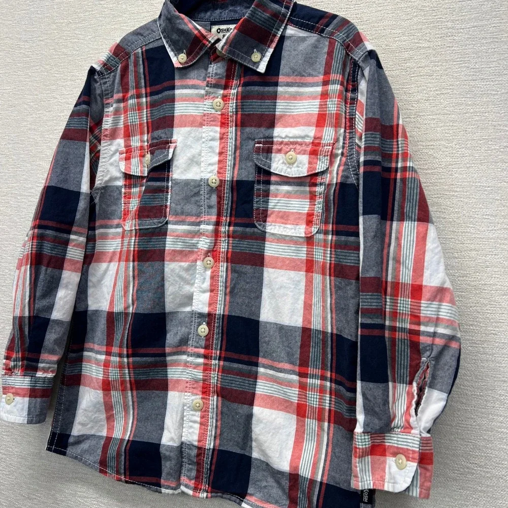 OshKosh Bgosh Plaid Button Down Shirt Boys‎ 6 Red Navy Blue Long Sleeve Pockets
